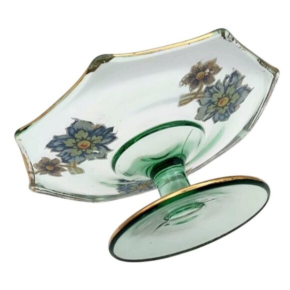 Vintage Green Glass Bon Bon Candy Dish With Floral Design & Gold Trim - Picture 3 of 6